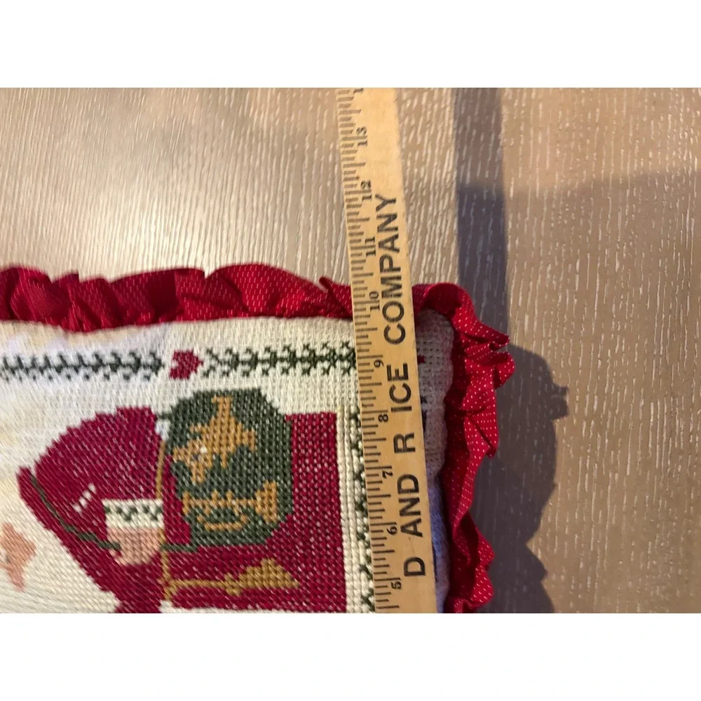 Vintage Handmade Santa Cross Stitch Pillow Christmas Needlepoint Red Ruffle 12